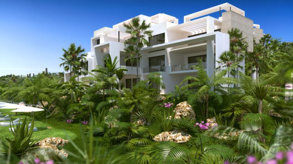 Atalaya Hills modern new build apartments Benahavis_View of the complex with communal garden_Realista Quality Properties Marbella
