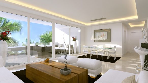 Atalaya Hills modern new build apartments Benahavis_living room with terrace_Realista Quality Properties Marbella