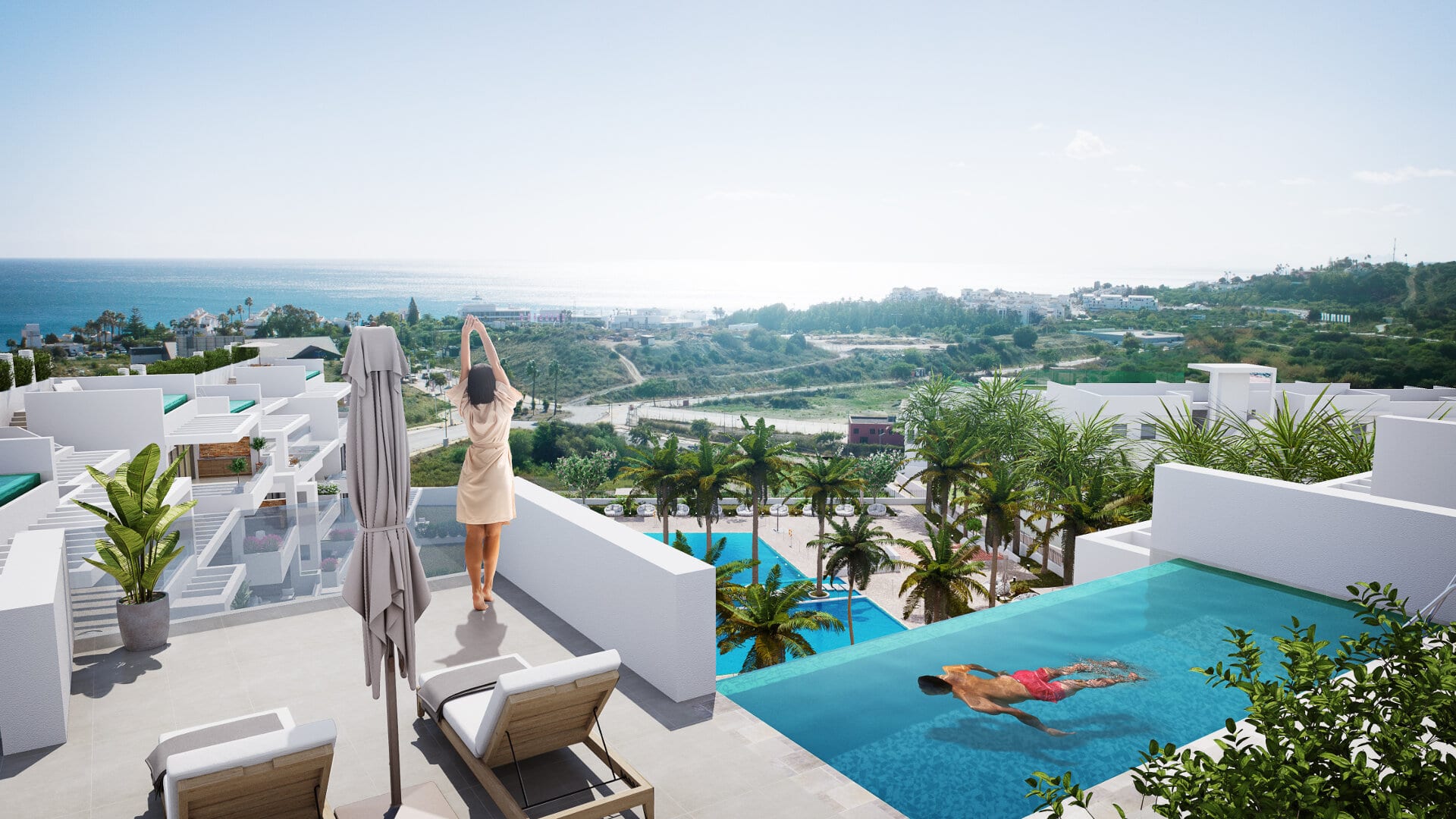 Ático único de 3 dormitorios con vistas al mar, con gran terraza y piscina privada infinita en Costafiore Gardens Estepona