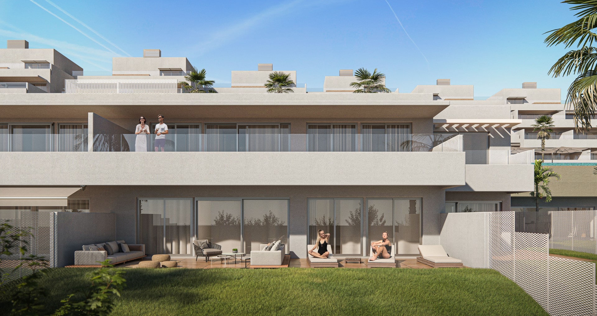 ISEA Estepona Appartement met drie slaapkamers op de begane grond met uitzicht op zee en een grote tuin en terras.