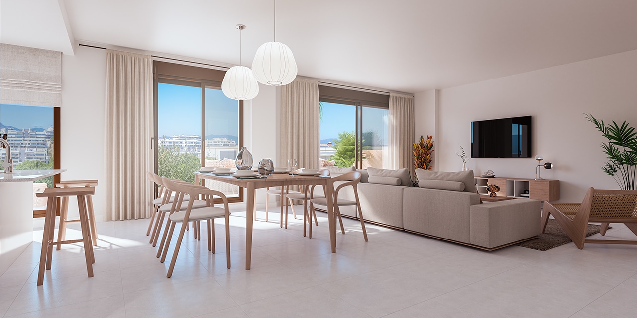 Las Mesas Homes II Estepona, een prachtig appartement met 3 slaapkamers en uitzicht over de stad en de zee.