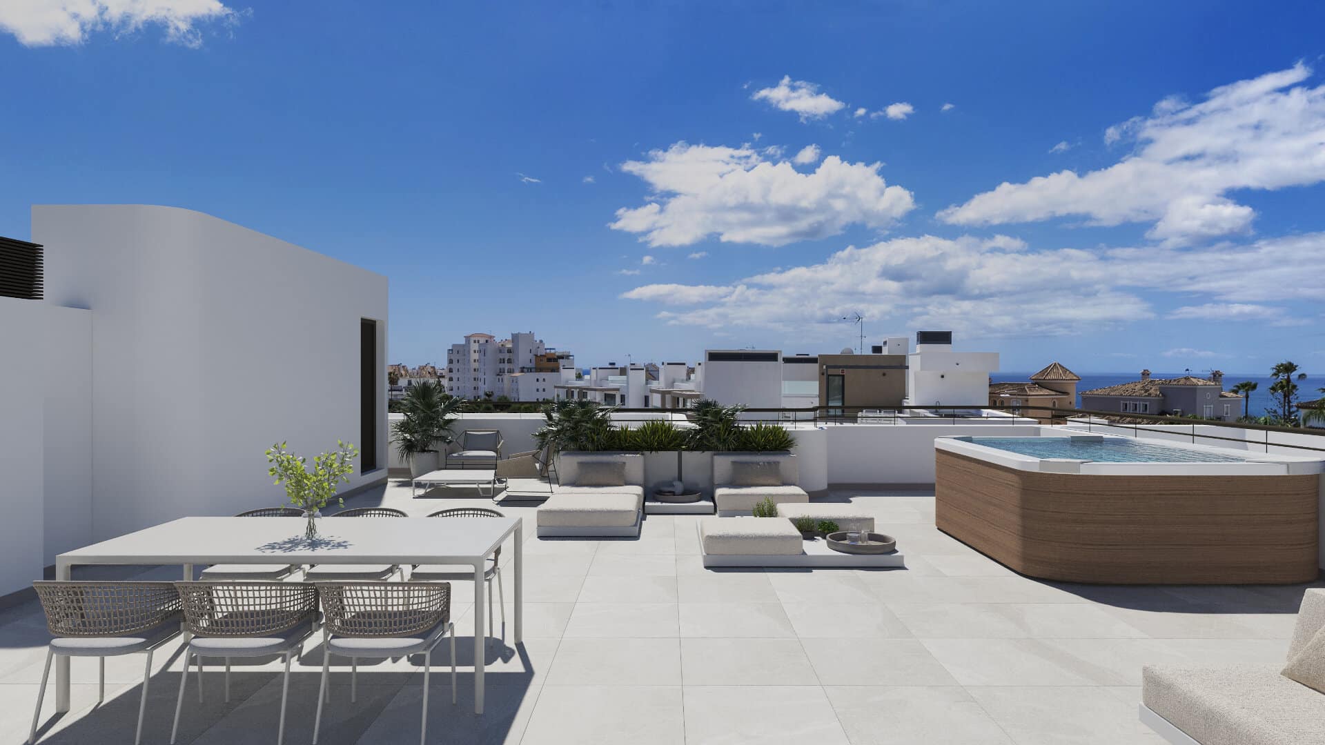 Penthouse met drie slaapkamers in South Place Estepona met groot terras en mooi uitzicht op de stad en de zee.